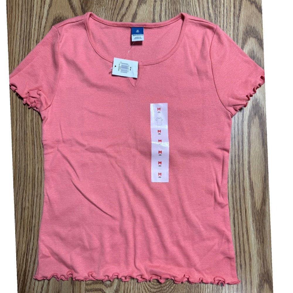 Old Navy Girls M 8 Coral Lettuce Trim Ribbed Short Sleeve Notched Neck Tee‎ NWT